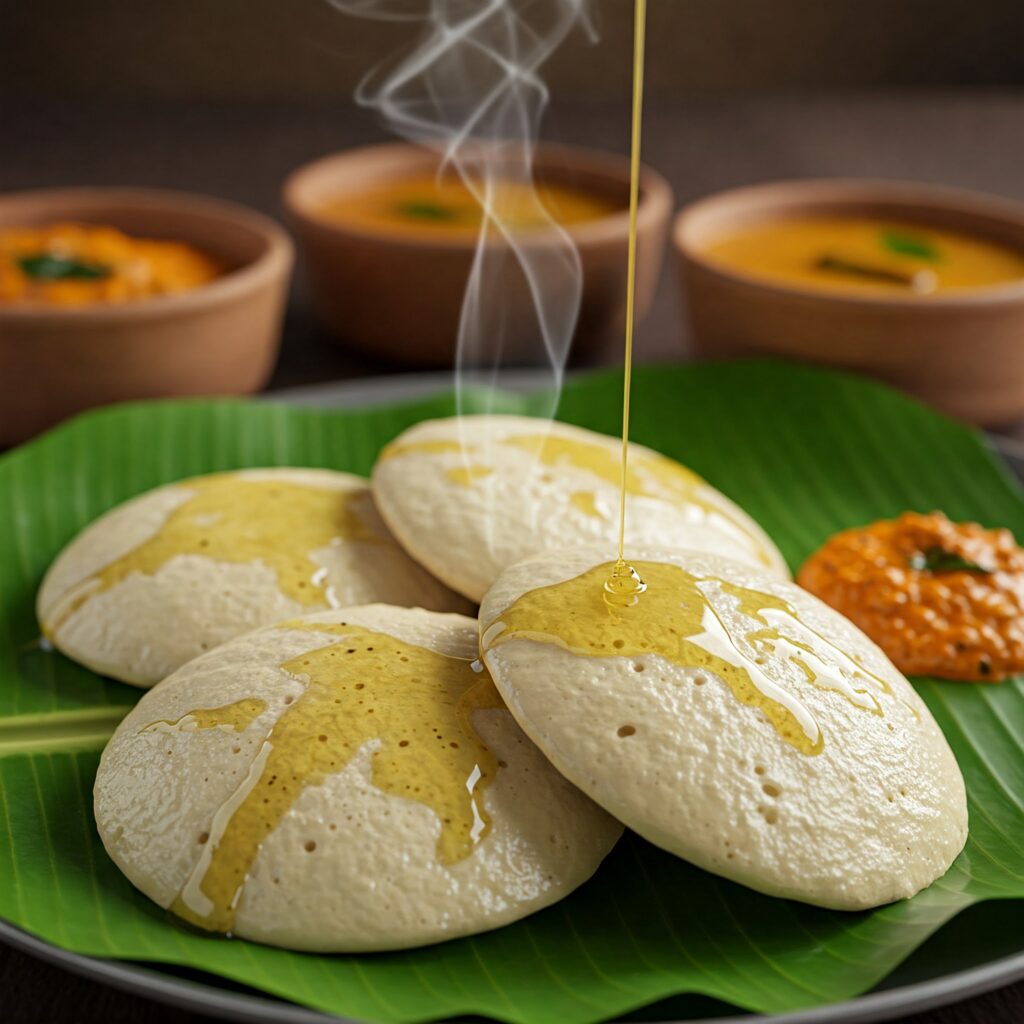 "Golden mini idlis with sambar at Murugan Idli Shop - Learn authentic Chennai Tamil food phrases"