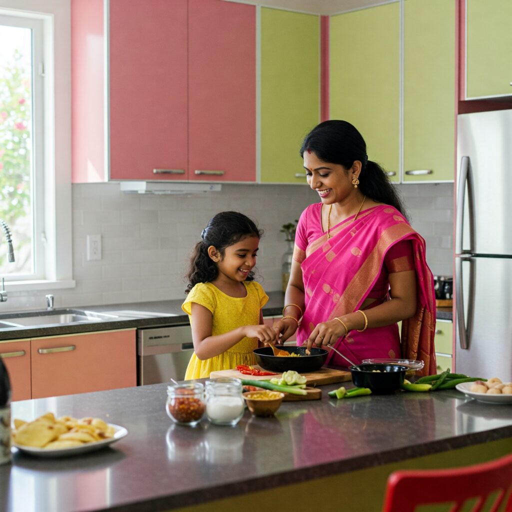 Mother and child laughing while speaking Tanglish