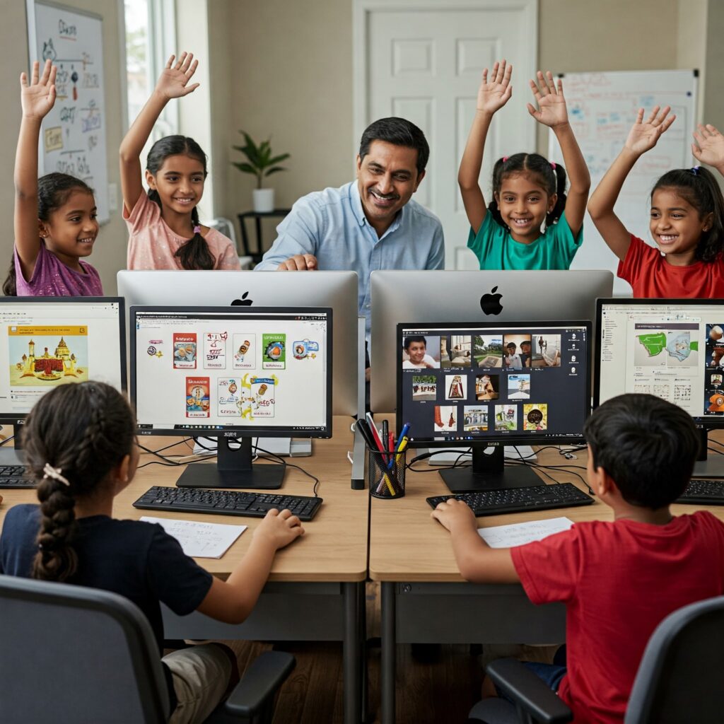 Kids laughing in a virtual Tamil class
