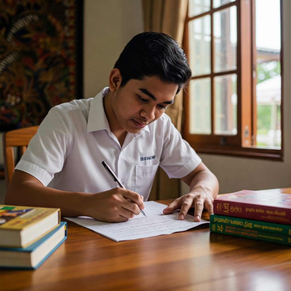 Singapore student writing Tamil composition – LearnTamilOnline.com