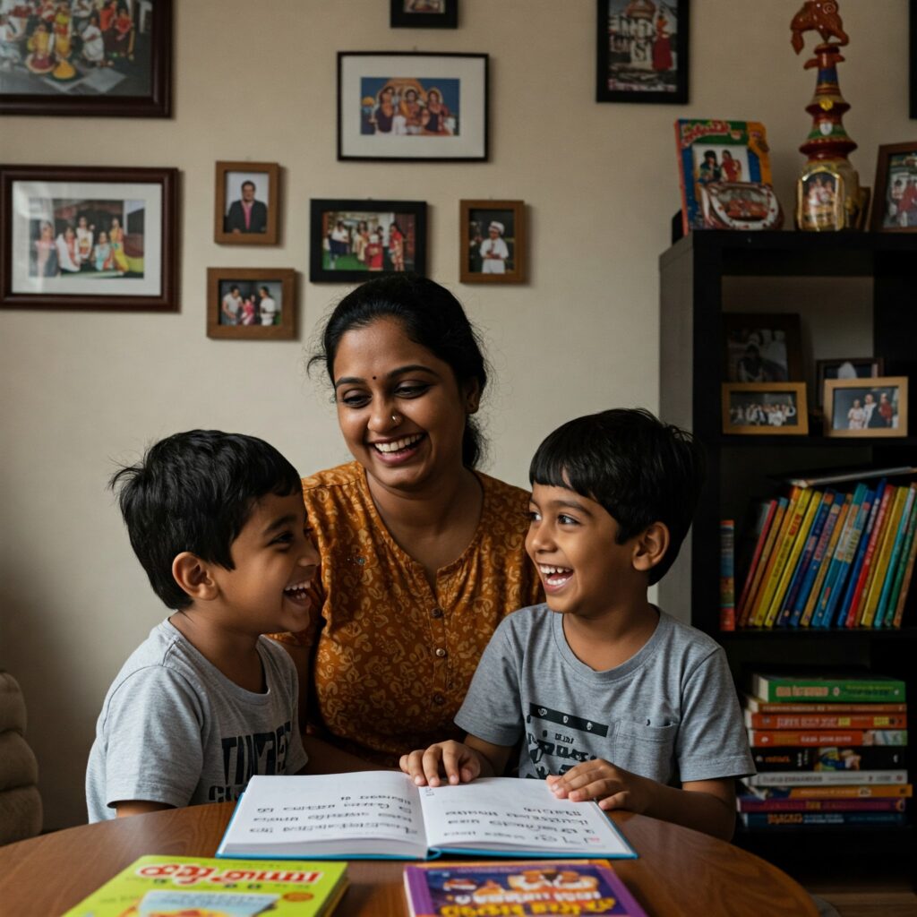 Parent and child practicing Tamil conversations at home