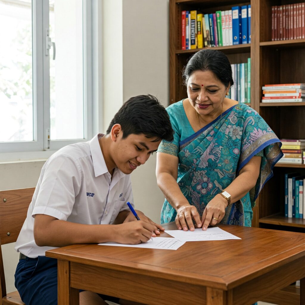 O-Level Tamil Survival Kit: Student drafting a formal Tamil email with tutor."