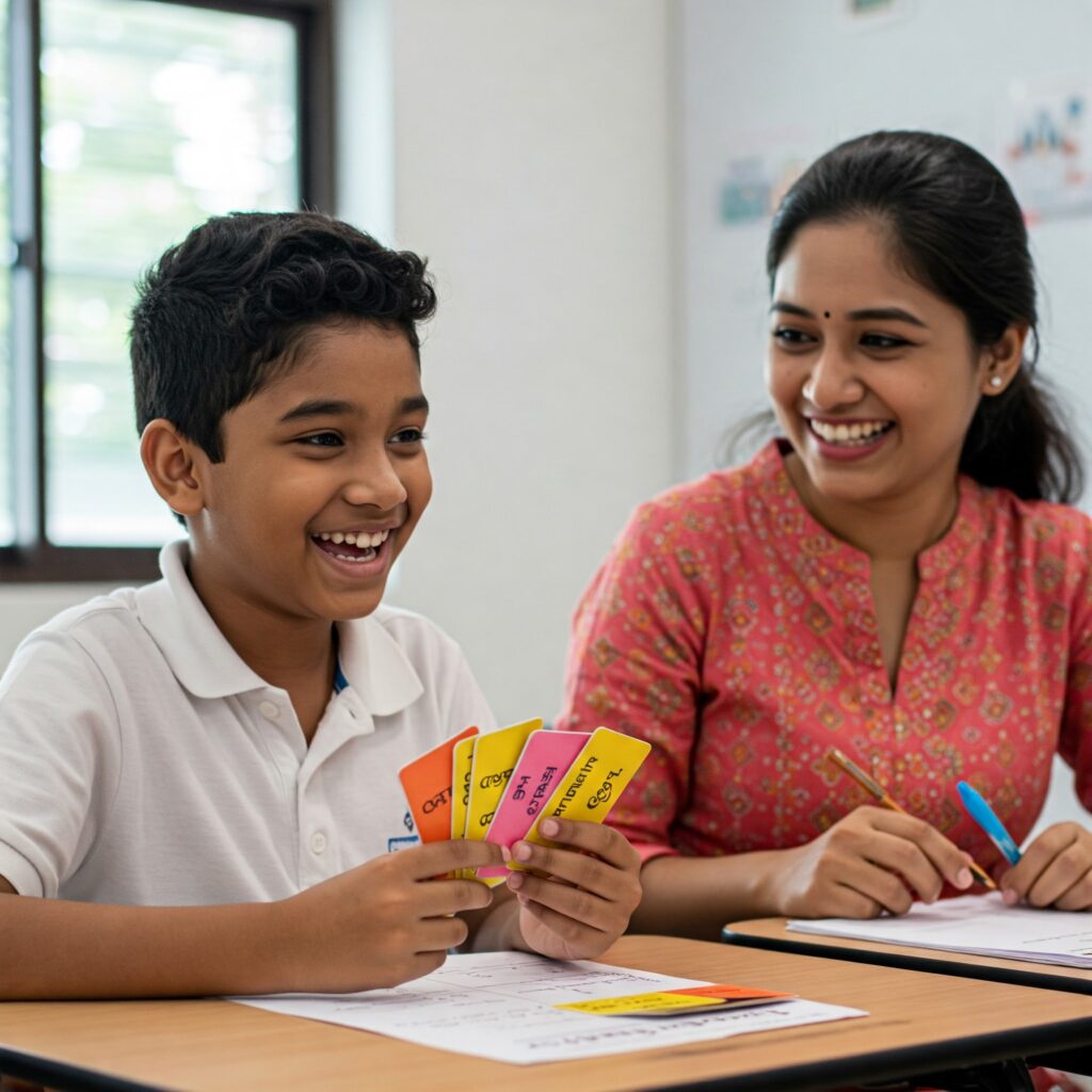 PSLE Tamil exam tips: Student brainstorming Tamil story ideas with flashcards.