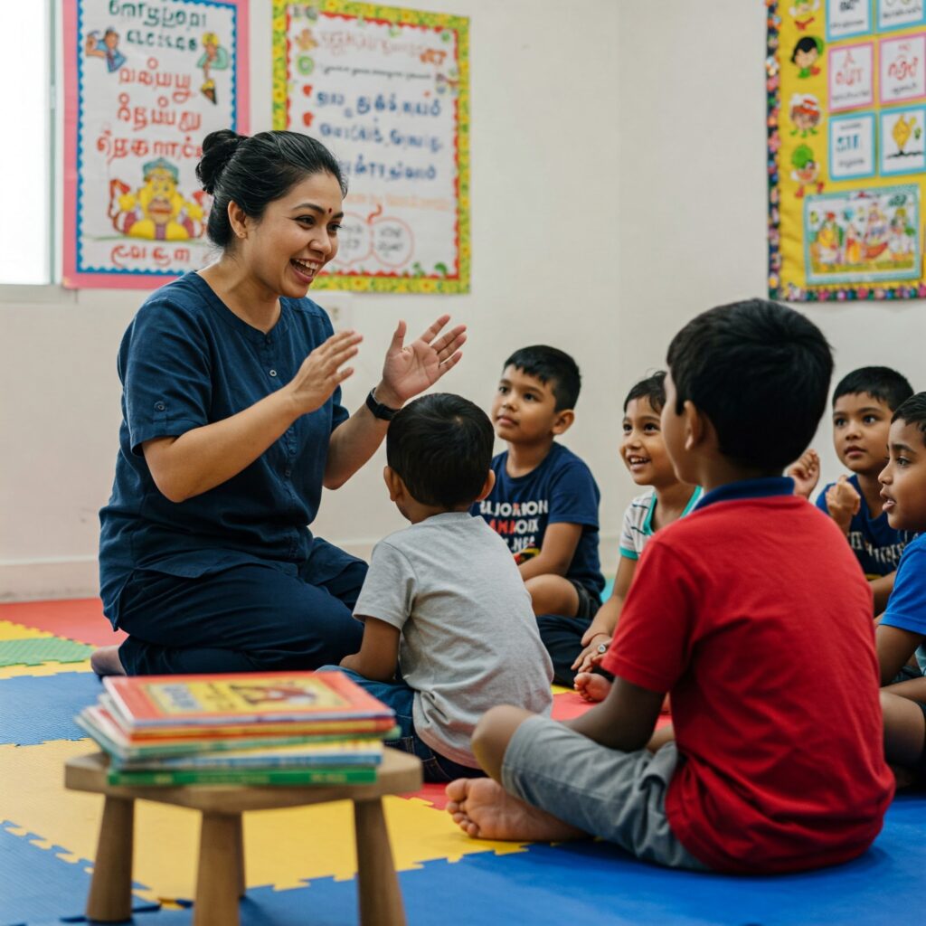 Singapore Tamil tutor teaching storytelling to kids – LearnTamilOnline.com