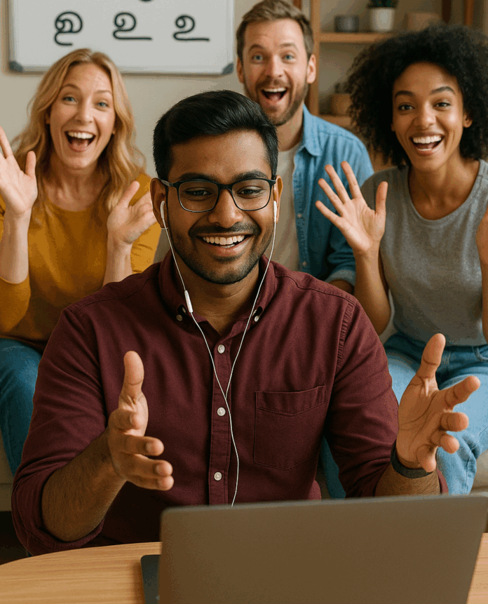 Learning Tamil Online for Travel A group of adult students of diverse backgrounds smiling and practicing Tamil pronunciation together with their online Tamil teacher.