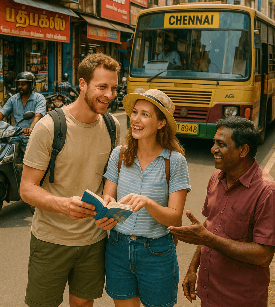 A crowded street in Chennai, India, with signs in Tamil and people interacting. Learn Spoken Tamil