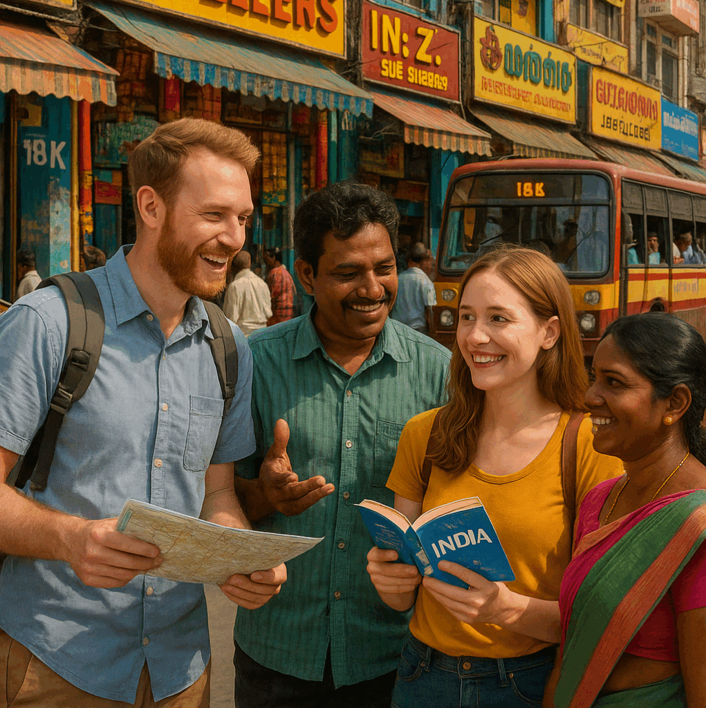 A crowded street in Chennai, India, with signs in Tamil and people interacting. Learn Spoken Tamil