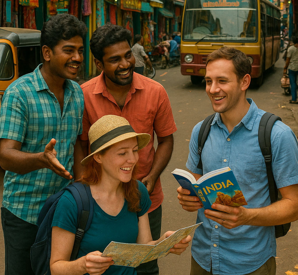A crowded street in Chennai, India, with signs in Tamil and people interacting. Learn Spoken Tamil