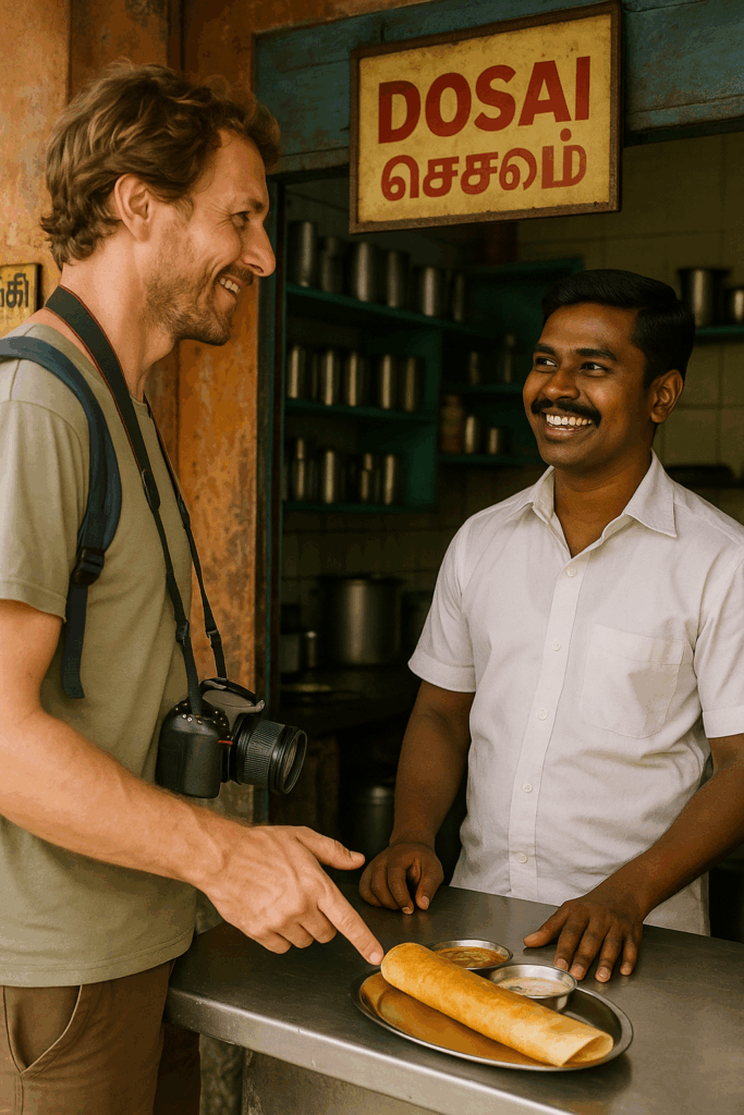 A man ordering food at an Indian cafe counter; Tamil menu on the wall.
