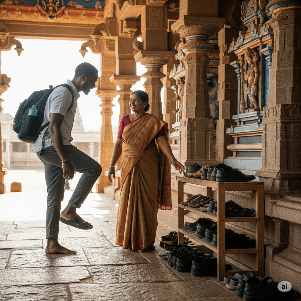 A traveler at the entrance of a traditional temple in Tamil Nadu, talking with a guide.