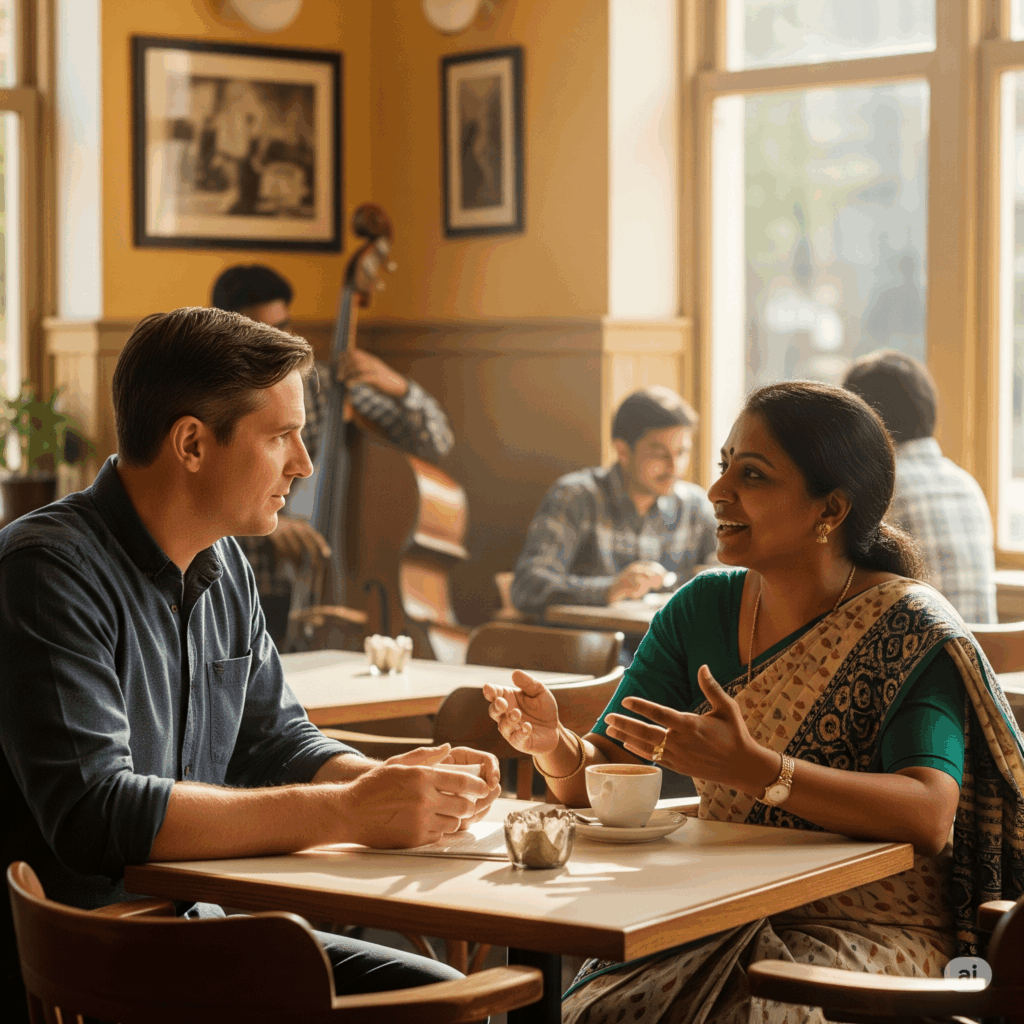 An English speaker engaging in a Tamil conversation with a native speaker in a cozy café setting.