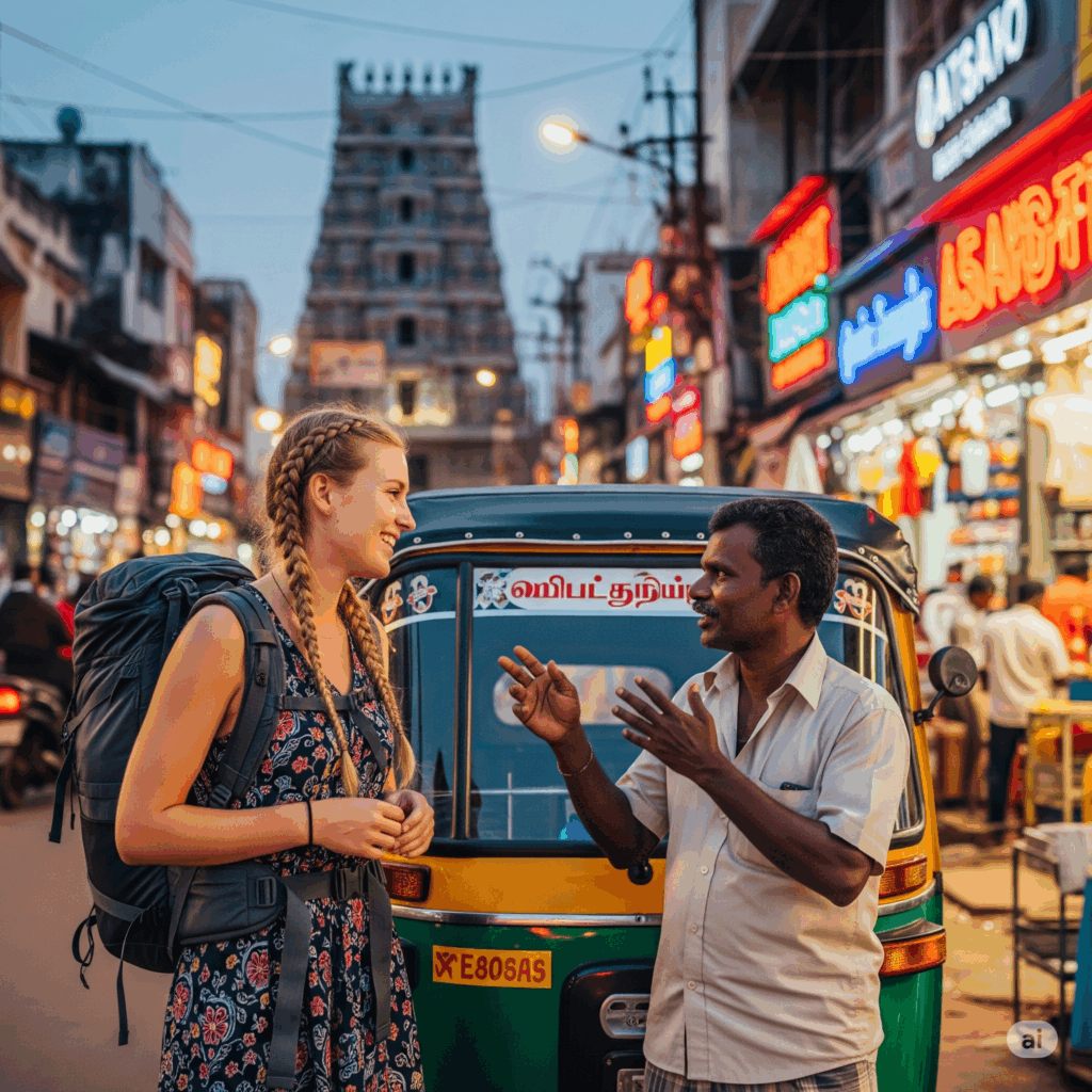 Tourist talking to auto-rickshaw driver on a street in India.
