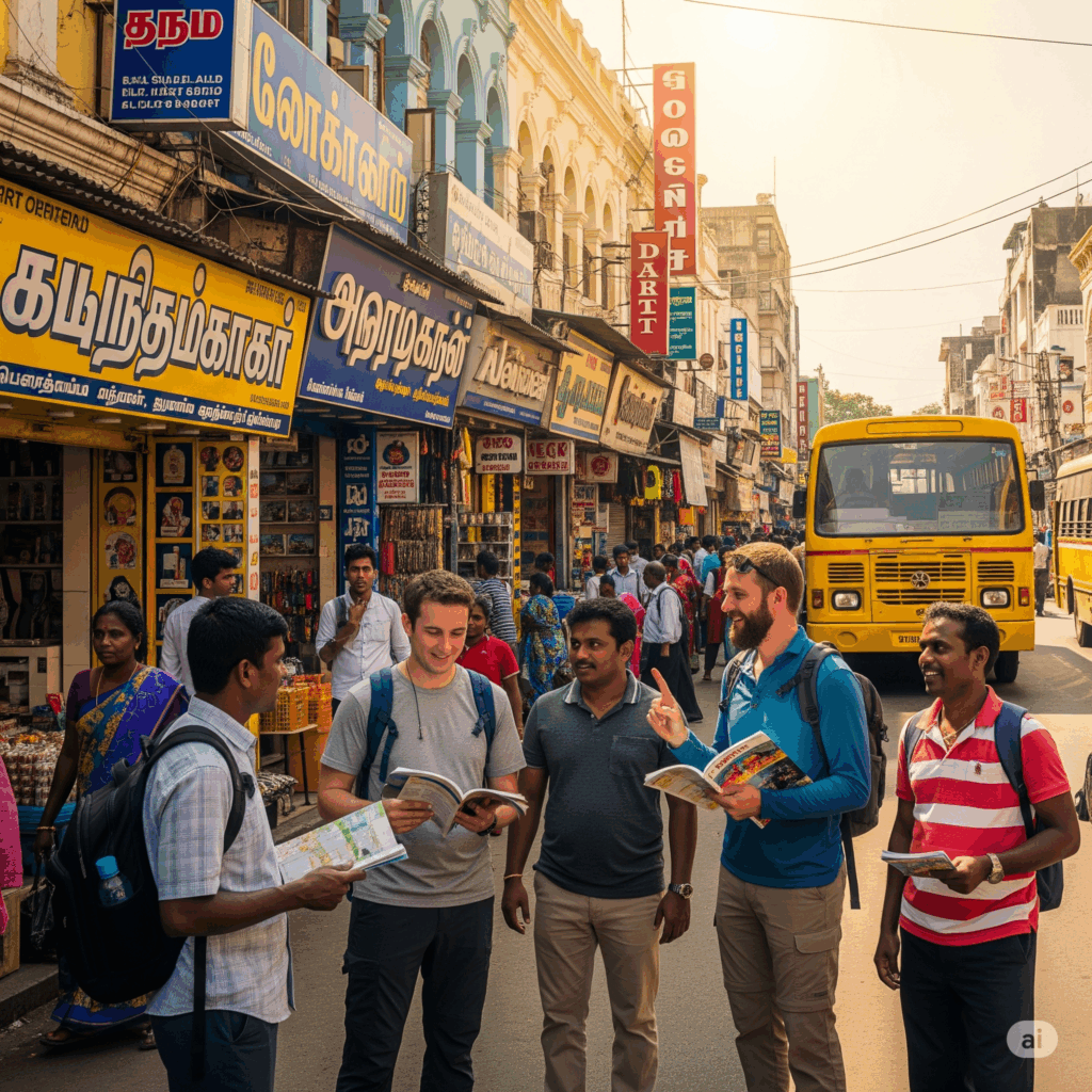 Group of tourists and local Indian friends smiling and laughing together.