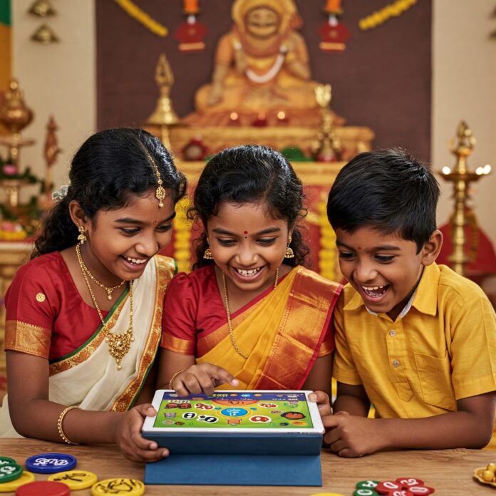 Happy kids playing Tamil language games on a tablet