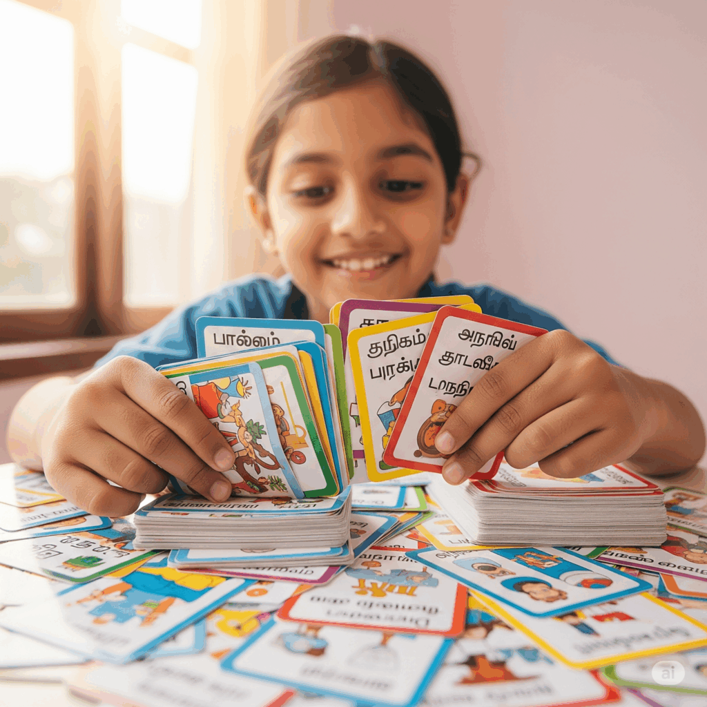 Flashcards showing basic nouns, pronouns, and conjugated verbs