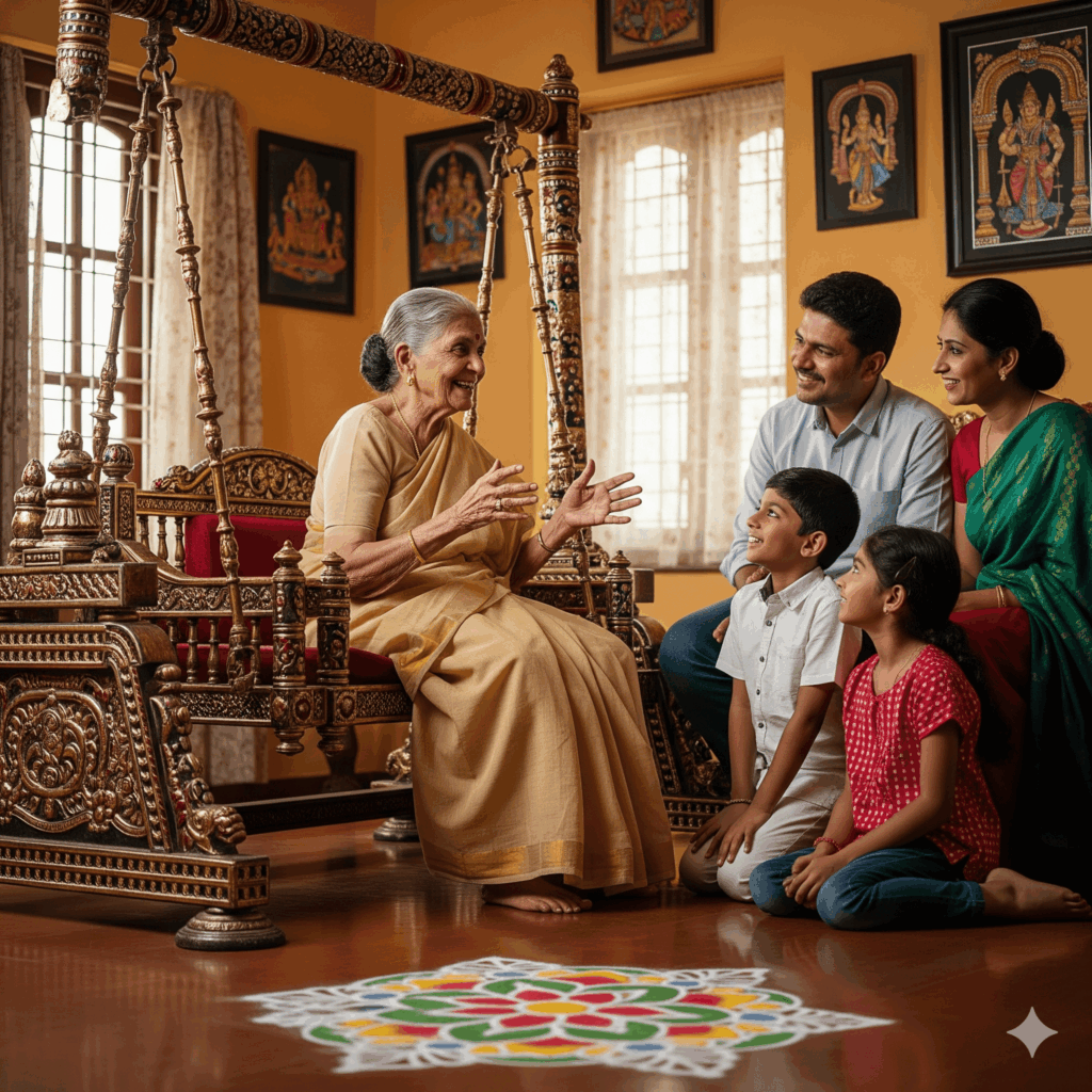 An elderly woman sharing stories with the family at home.