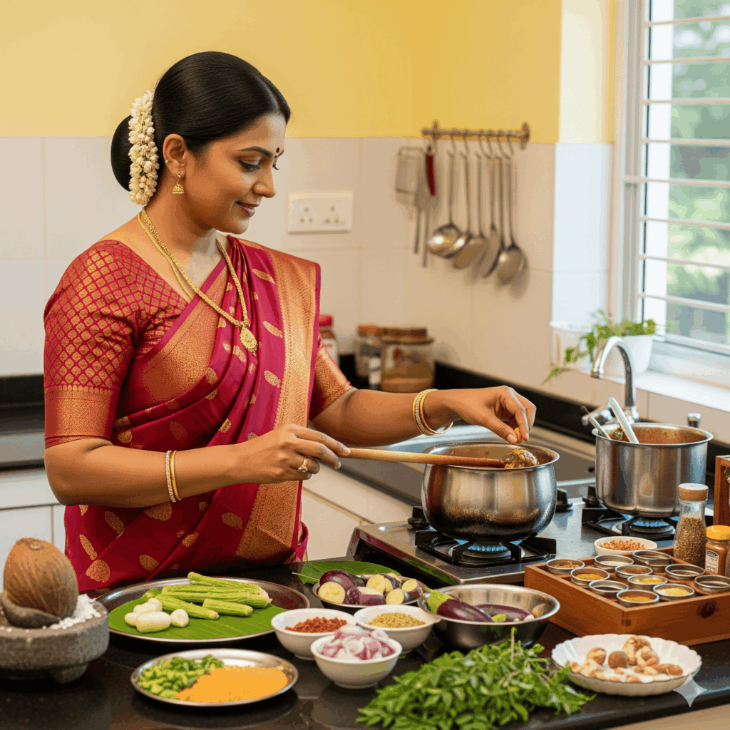 A mother in Tamil attire preparing a meal in the kitchen.