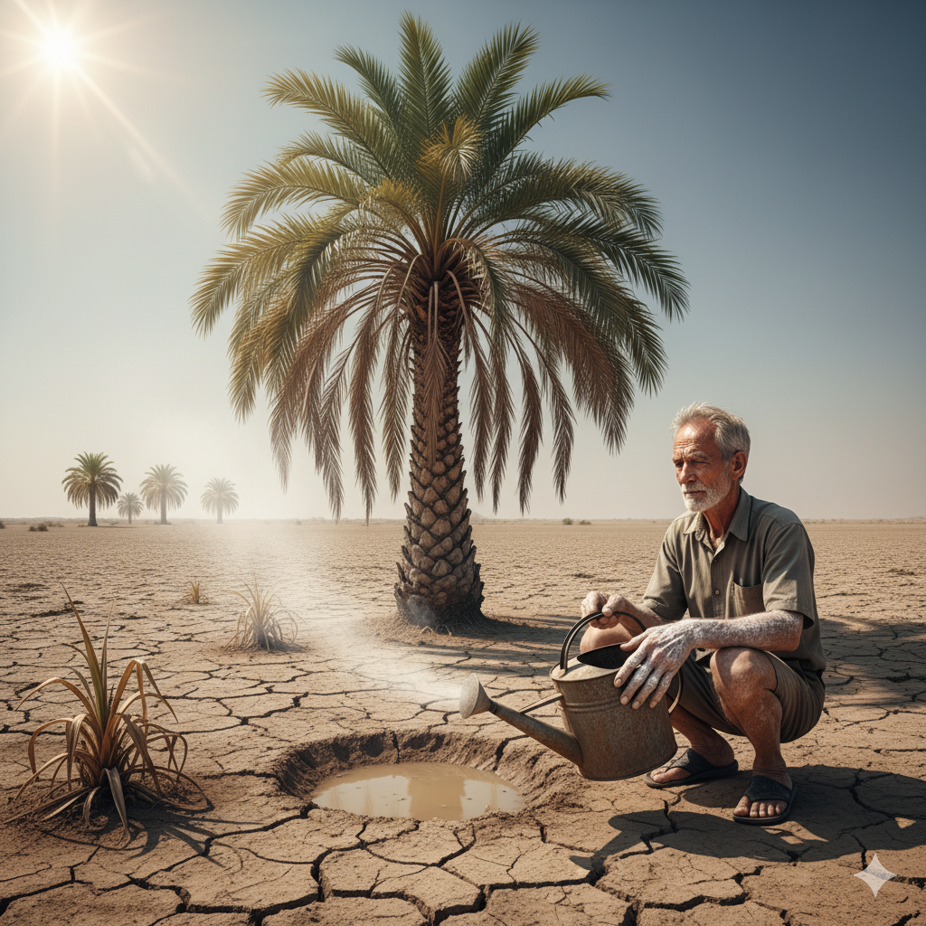 An image depicting a man who waters a tree