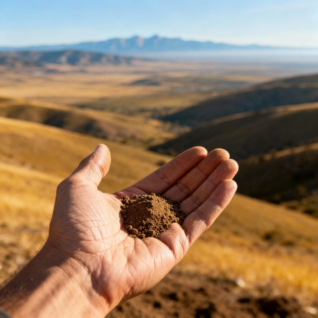 Hand holding a small amount of sand, illustrating the "Kattradhu kai mannalavu" Tamil proverb.